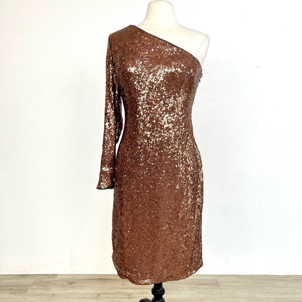 NIGHTWAY Copper One Shoulder Sequin Sheath Midi Dress SZ 12. Worn once.